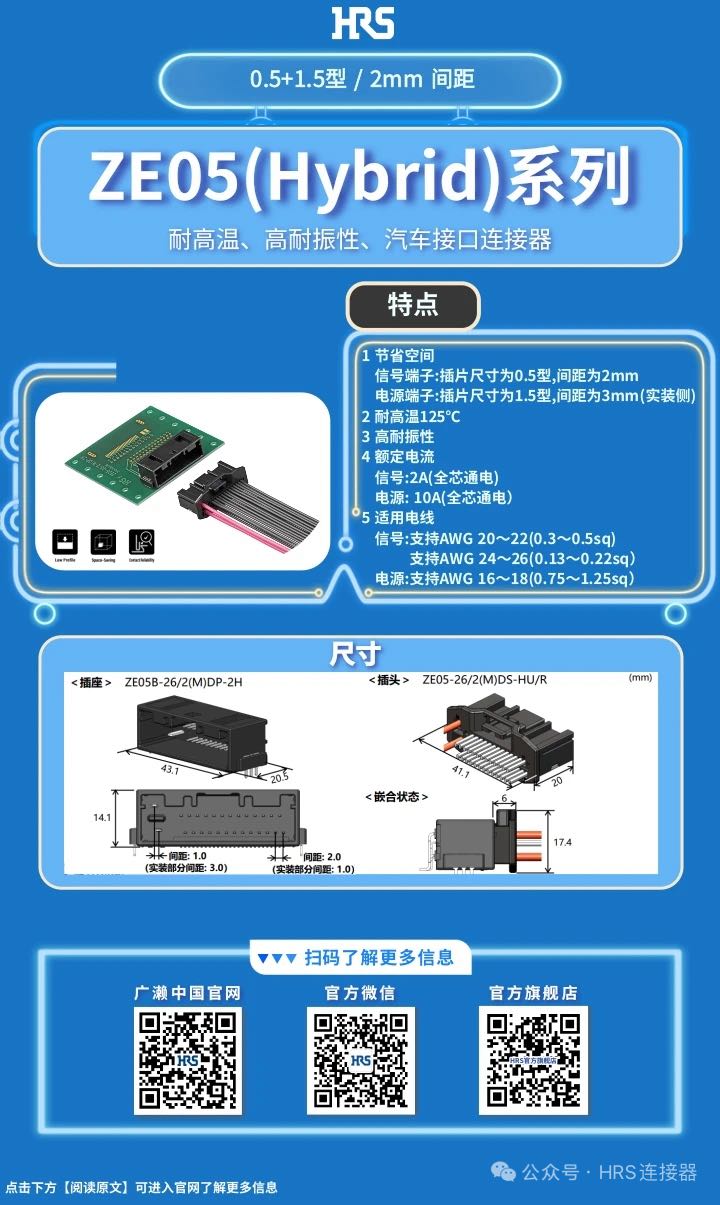 【產(chǎn)品推薦】耐高溫、高耐振性、汽車接口、電源信號混合型連接器ZE05系列